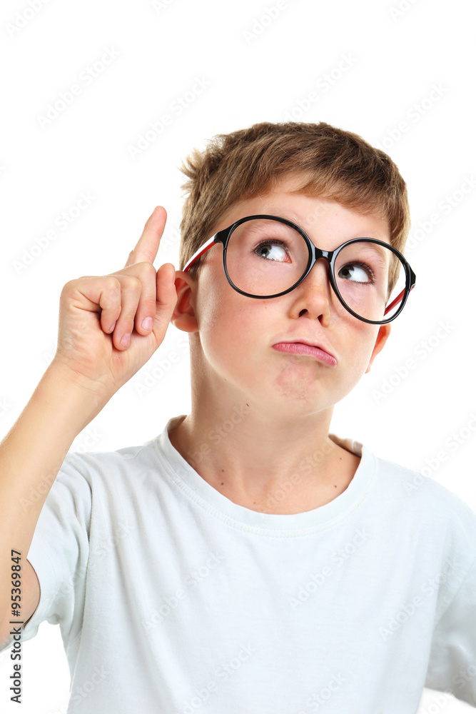 Portrait of happy little boy with eyeglasses on white background Portrait of happy little boy with eyeglasses on white background