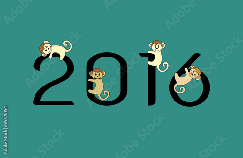Vector image of an monkeys and 2016 numbers on blue  background
