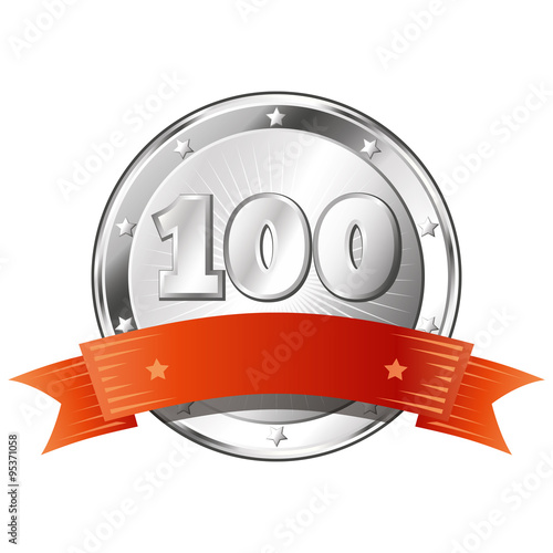 Hundred Year Anniversary - Round Silver Badge with Red Ribbon