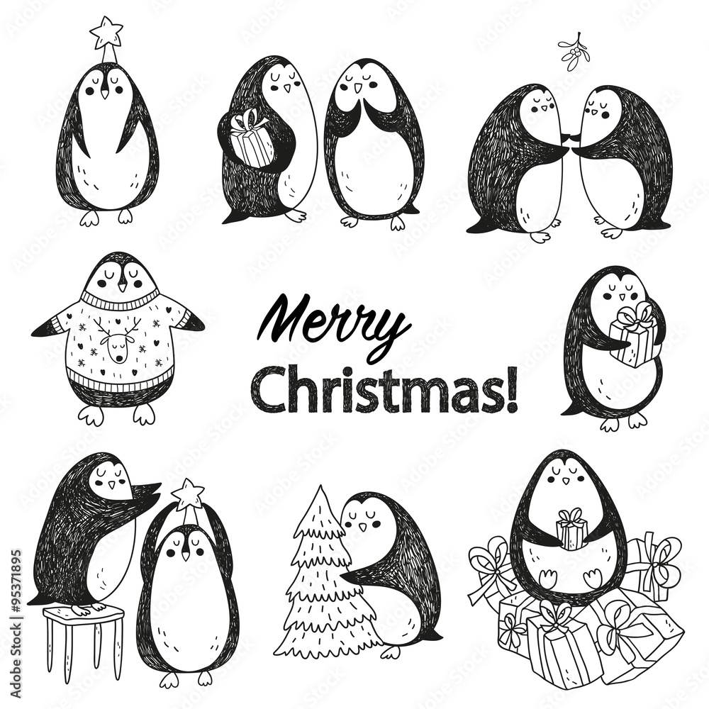 Obraz premium vector christmas postcard with cute penguins