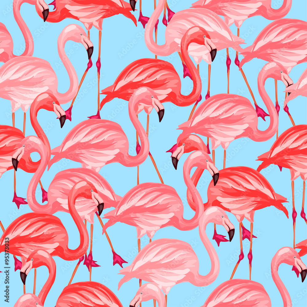 Naklejka premium Tropical birds seamless pattern with pink flamingos