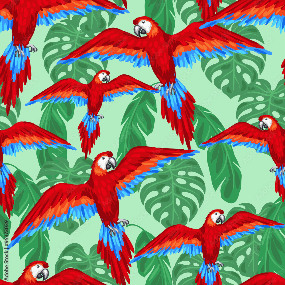 Obraz premium Tropical birds seamless pattern with parrots and palm leaves