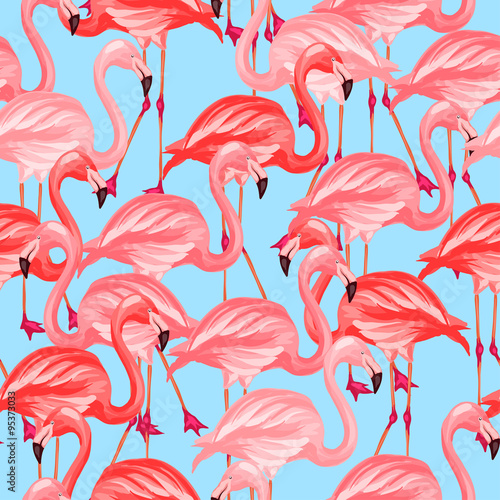 Tropical birds seamless pattern with pink flamingos