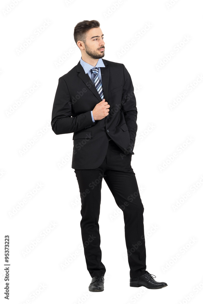 Young bearded fashion model in suit with necktie looking away. Full body length portrait isolated over white studio background. Young bearded fashion model in suit with necktie looking away. Full body length portrait isolated over white studio background.