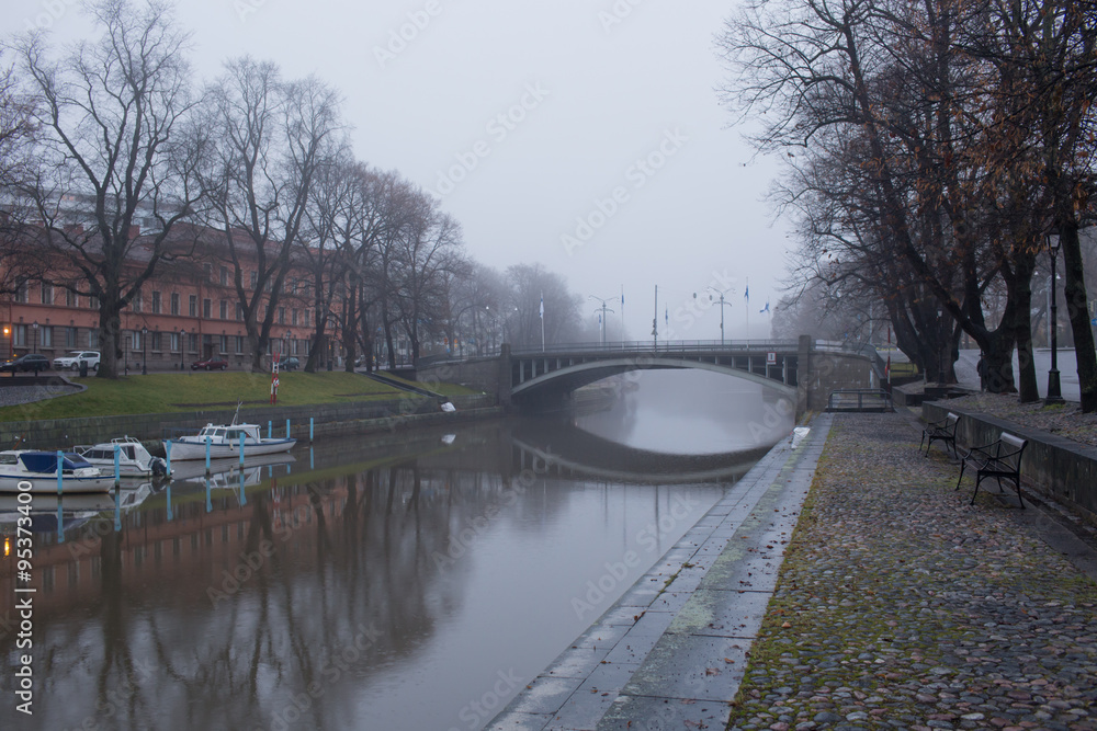 TURKU, FINLAND - November 08: River Aura in the fog, soft focus, Finland on November 08, 2015 TURKU, FINLAND - November 08: River Aura in the fog, soft focus, Finland on November 08, 2015