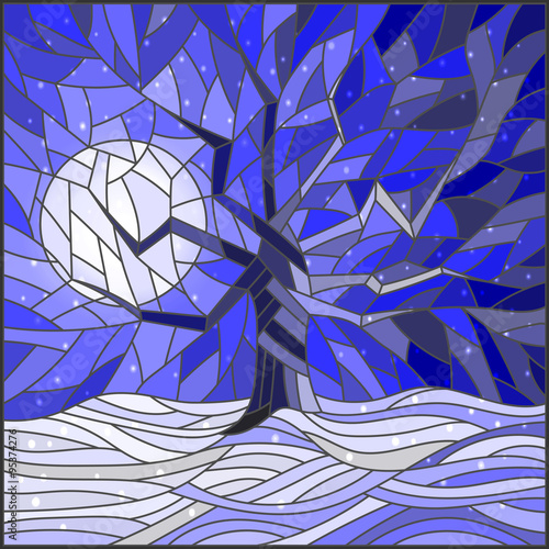 Winter landscape in the stained glass style with a lone tree against the bright moon and snow