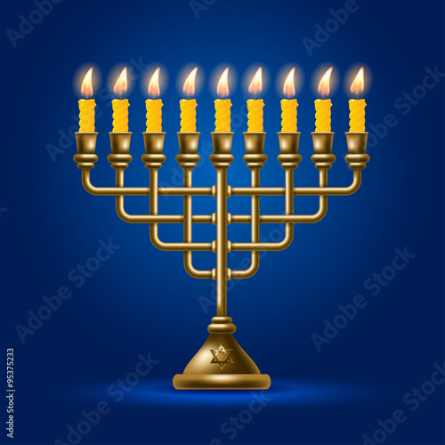 Elegant greeting card for Happy Hanukkah, jewish holiday. Hanukkah golden menorah with burning candles on blue background. Vector illustration.