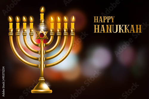 Elegant greeting card for Happy Hanukkah, jewish holiday. Hanukkah golden menorah with burning candles on blurred night background. Vector illustration.