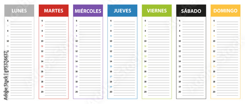 Spanish week planning calendar in colors of the day