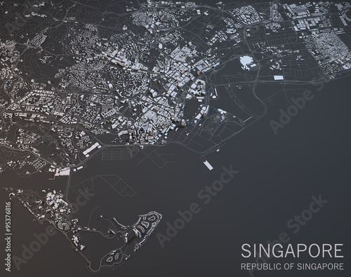 Cartina Singapore, vista satellitare, sezione 3d, Asia