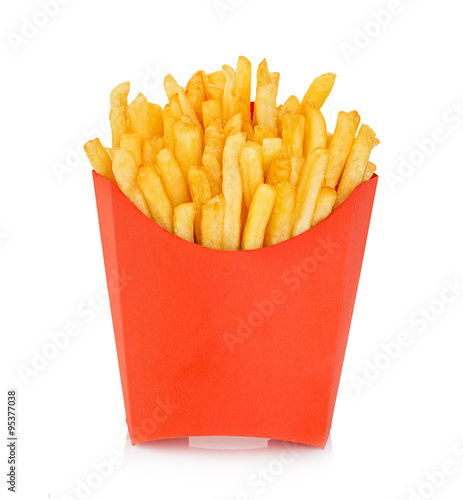 Potatoes fries in a red carton box isolated on a white background. Fast Food.