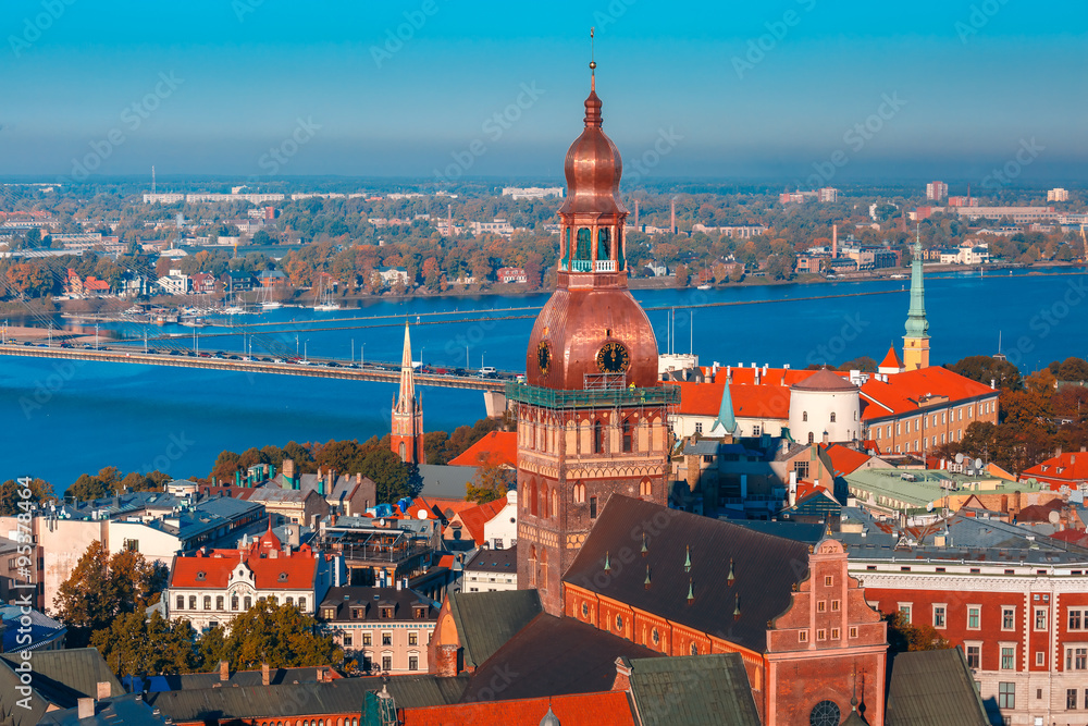 Obraz premium Aerial view of Old Town and Daugava, Riga, Latvia