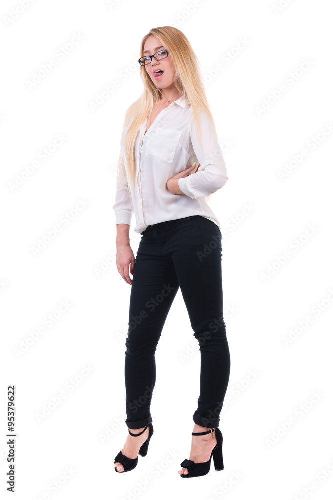 Full length of beautiful blond business woman standing over white background with copy space Full length of beautiful blond business woman standing over white background with copy space