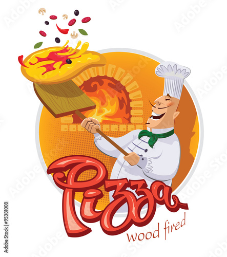 Chef cooking a pizza and throws a shovel