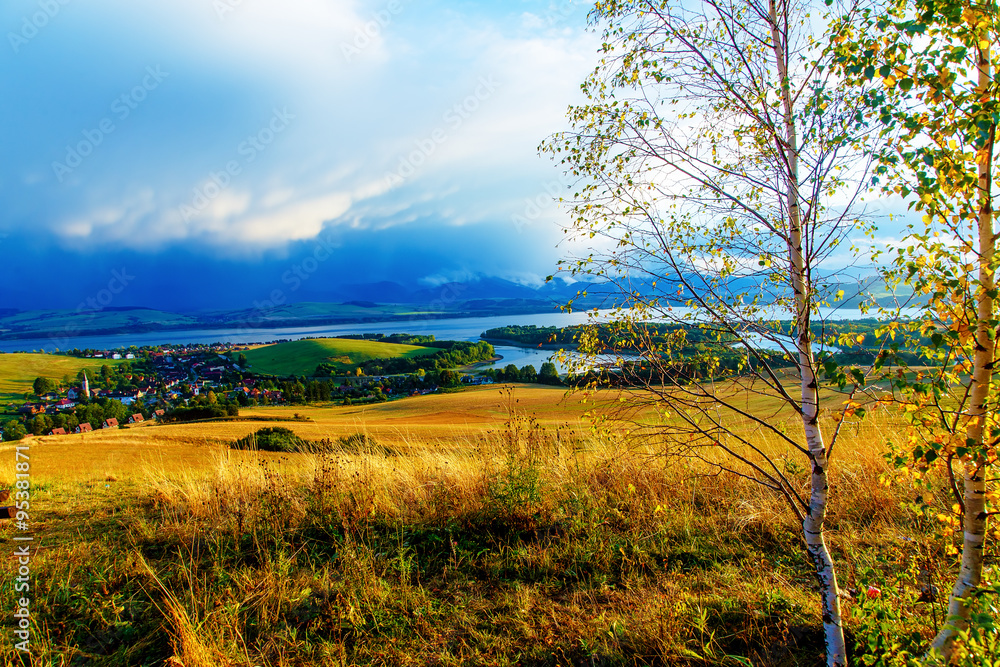 Beautiful landscape. birch tree in the foreground image,  meadow and lake with mountain in background. Slovakia, Central Europe.