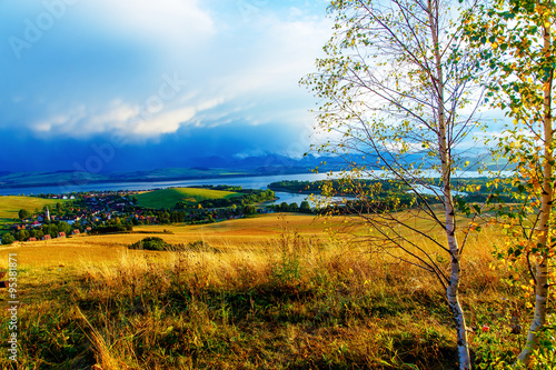 Beautiful landscape. birch tree in the foreground image, meadow and lake with mountain in background. Slovakia, Central Europe.