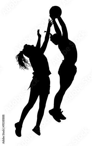 Silhouette of korfball ladies league girl players catching ball