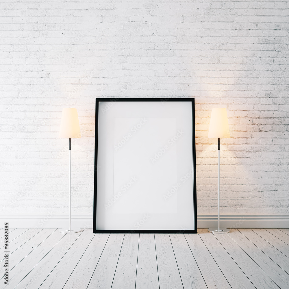 Photo of empty frame on the white floor. Vertical. 3d rendering Photo of empty frame on the white floor. Vertical. 3d rendering
