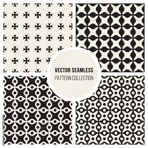 Vector Seamless Black and White Arc Connected Circles Rounded Lines Grid Cross Pattern Set
