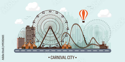 Vector illustration. Ferris wheel. Carnival. Funfair background. Circus park.  Skyscrapers with roller coast