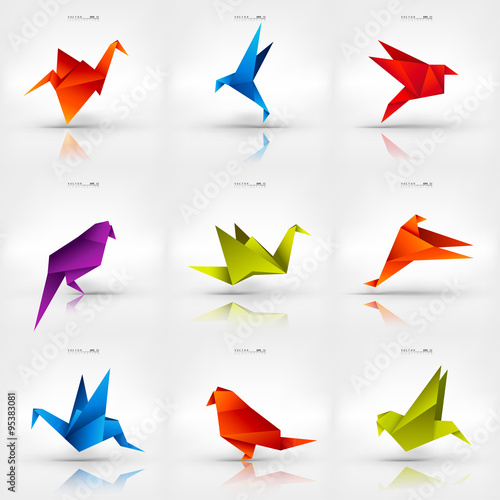Origami paper bird on abstract background. Set.