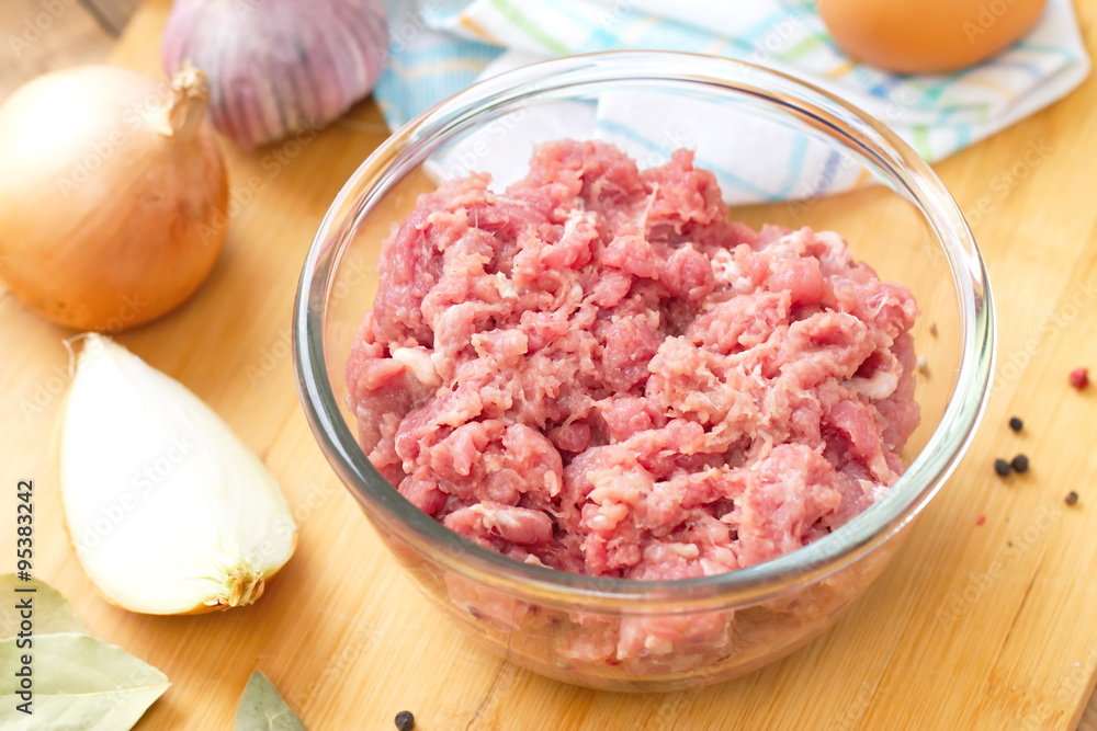 Fresh raw minced beef in a bowl Fresh raw minced beef in a bowl
