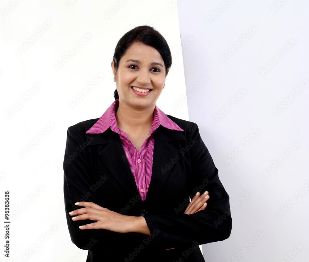 happy business woman showing blank signboard happy business woman showing blank signboard