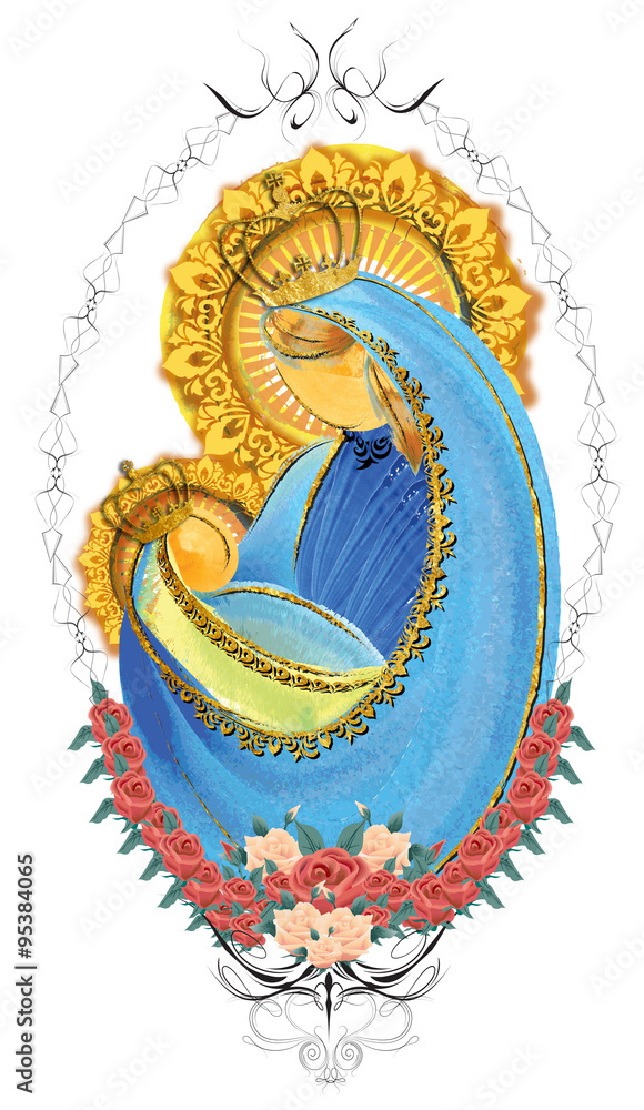 Naklejka premium Mother and child, blessed virgin mary with baby jesus crowned, h