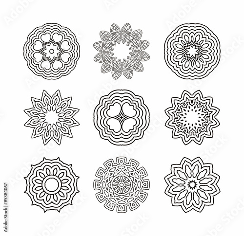 Circular pattern of traditional motifs and ancient oriental ornaments.Black hand drawn vector background. Black round ornament pattern set.