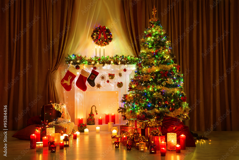 Christmas Tree in Room, Xmas Home Night Interior Fireplace Light
