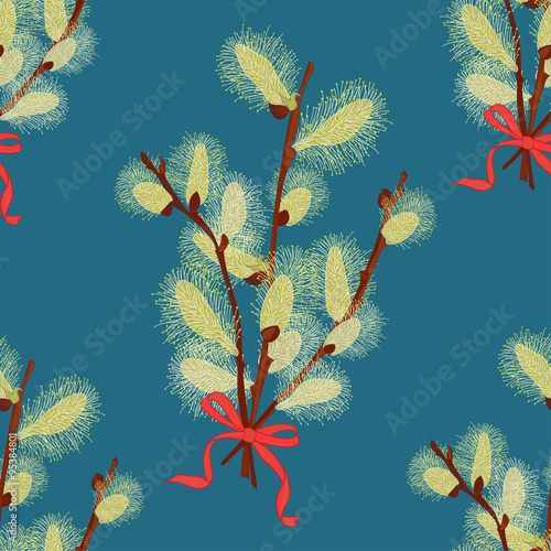 Abstract texture with pussy willow. Seamless pattern with festive flower bouquet ornament