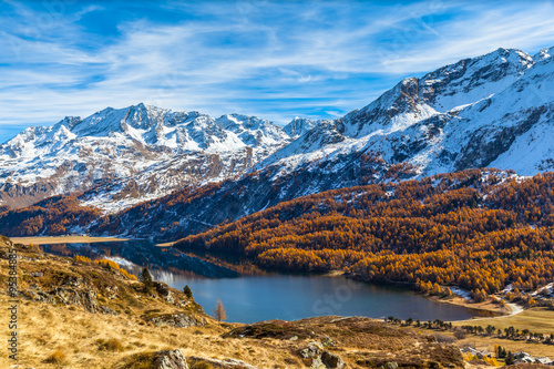 Stunning view of Sils lake in golden autumn