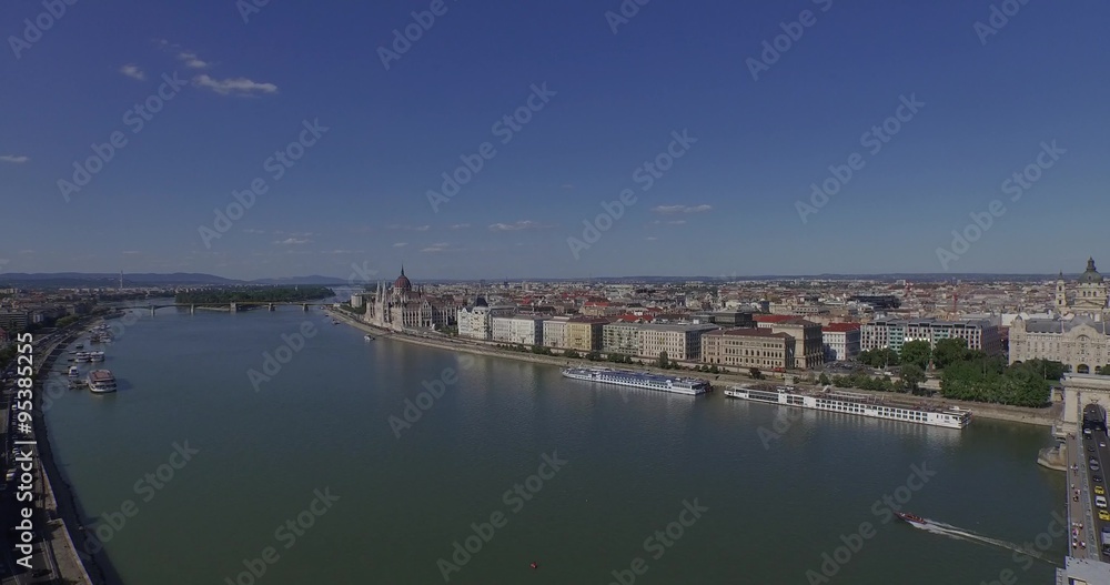 Flying above Danube river in Budapest city. Perfect aerial footages Flying above Danube river in Budapest city. Perfect aerial footages