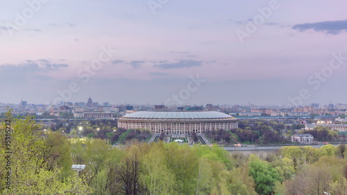 Panoramic view of Moscow City, Russia, from Sparrow Hills day to night timelapse