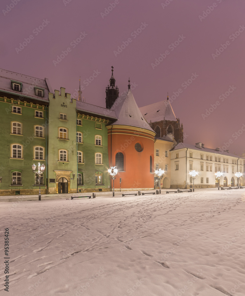 Small market square (Maly Rynek) in Krakow, Poland, on a winter night