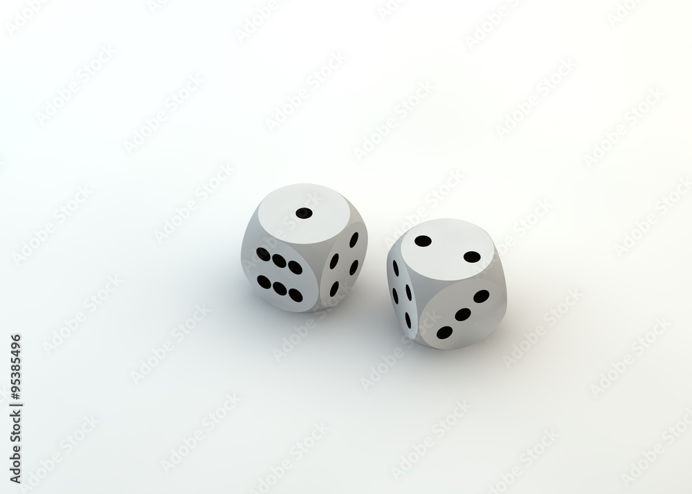 Two white dice thrown to reveal the values two and one Two white dice thrown to reveal the values two and one