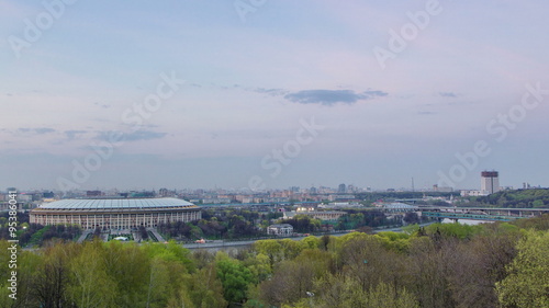 Panoramic view of Moscow City, Russia, from Sparrow Hills day to night timelapse