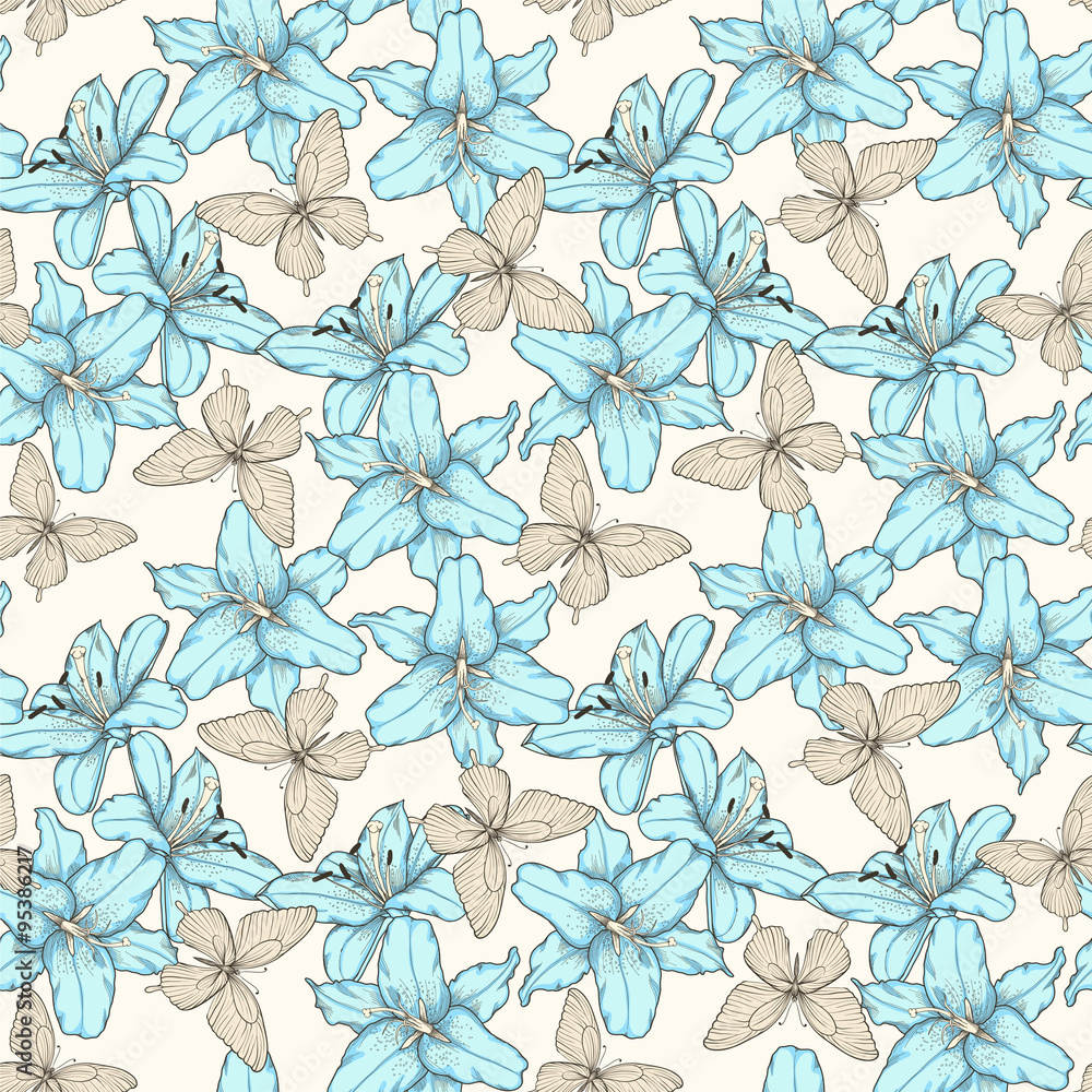 seamless pattern with blue lilies flowers and butterflies. Hand-drawn contour lines. Perfect for background greeting cards and invitations to day of the wedding, birthday