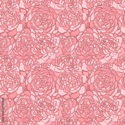 Beautiful seamless background with pink flowers. Hand-drawn contour lines and strokes.