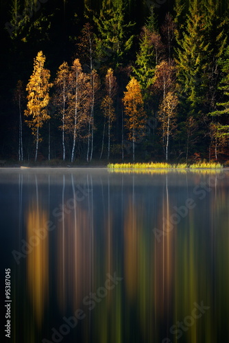 autumn landscape and its reflection in mountain lake