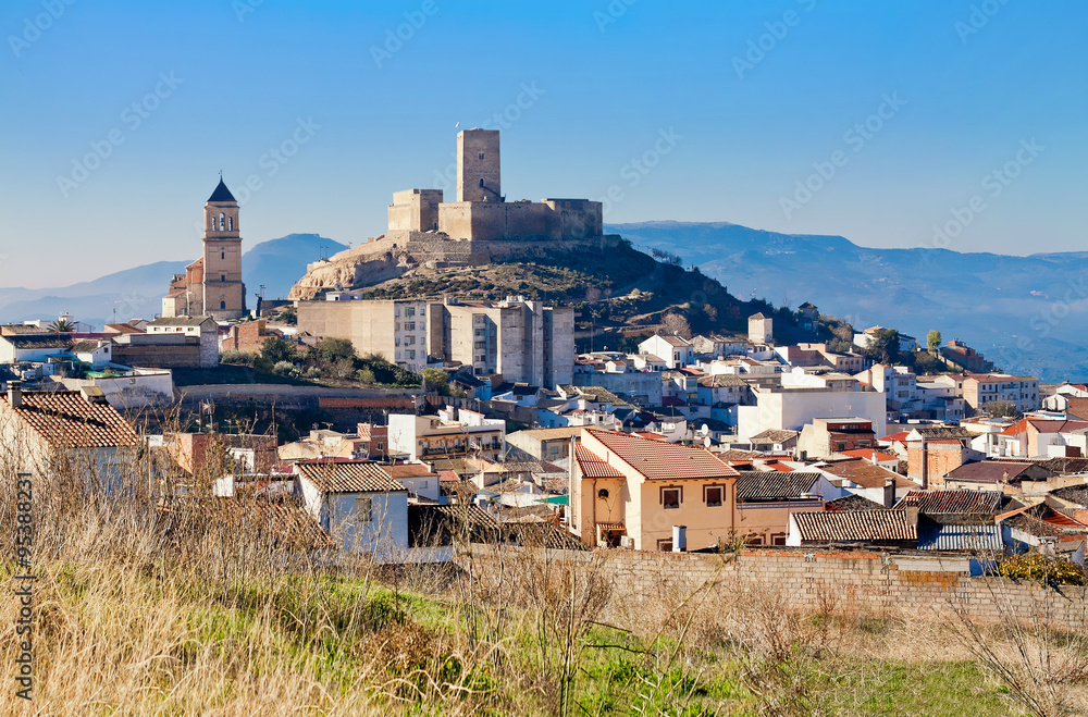 Alcaudete with castle and old church. Province of Jaen, Spain - obrazy, fototapety, plakaty 