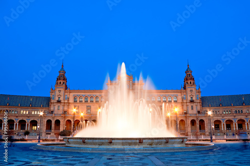 fountain and central building at Plaza de Espana. Seville, Spain