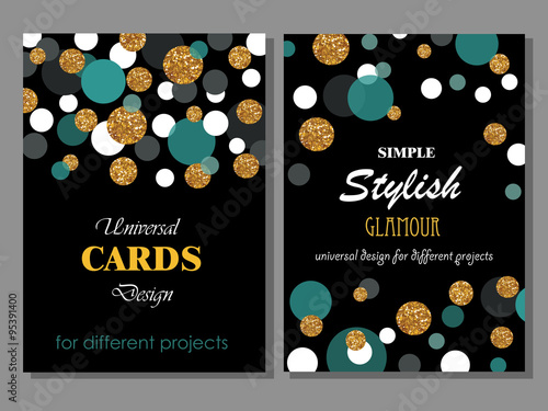 Collection of Universal Modern Stylish Cards Templates with Goldlen Glitter Dots.