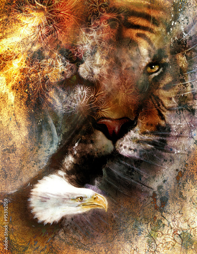 Eagle and tiger collage on color abstract background, rust structure, wildlife animals.