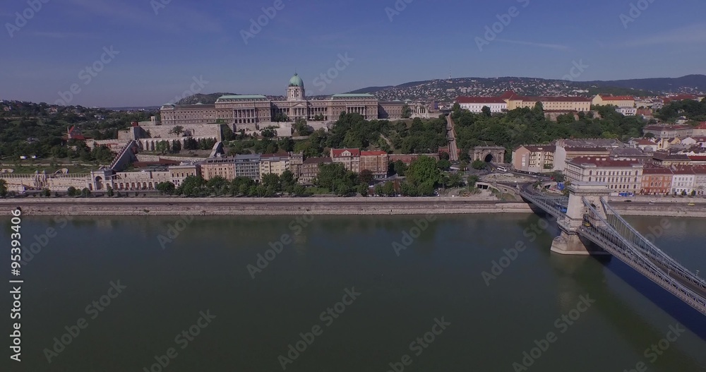 Aerial shots of Chain bridge and Royal palace in Budapest city Aerial shots of Chain bridge and Royal palace in Budapest city