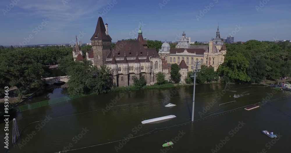 Aerial shots of Vajdahunyad Castle in Budapest, Hungary