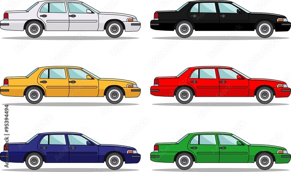 Set of six colored cars isolated on white background in flat style