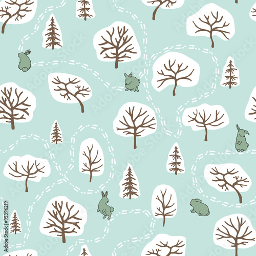 Seamless pattern with winter forest and rabbits