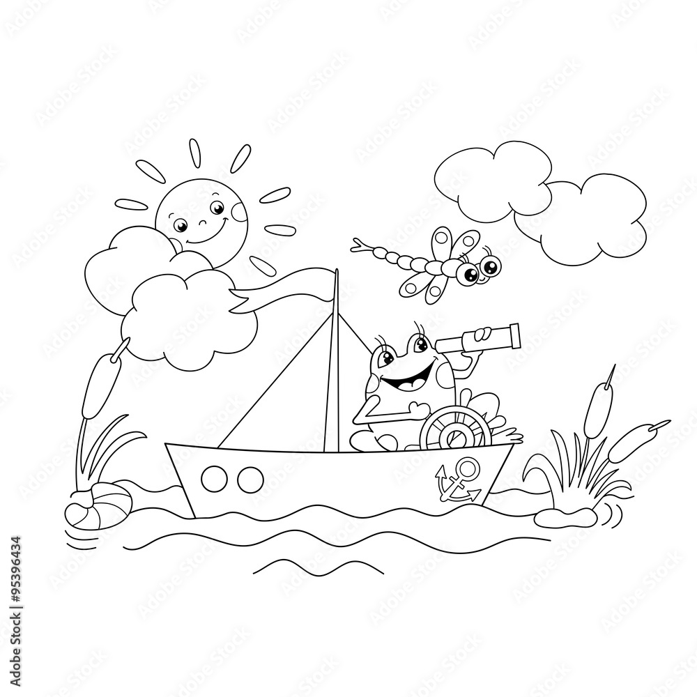 Fototapeta Coloring Page Outline Of a Jolly frog floating on a boat