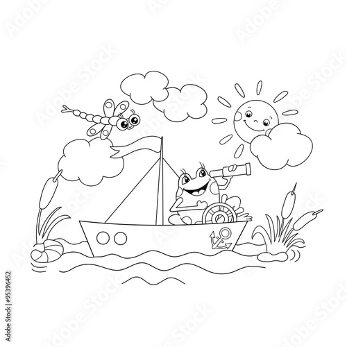 Coloring Page Outline Of a Jolly frog floating on a boat